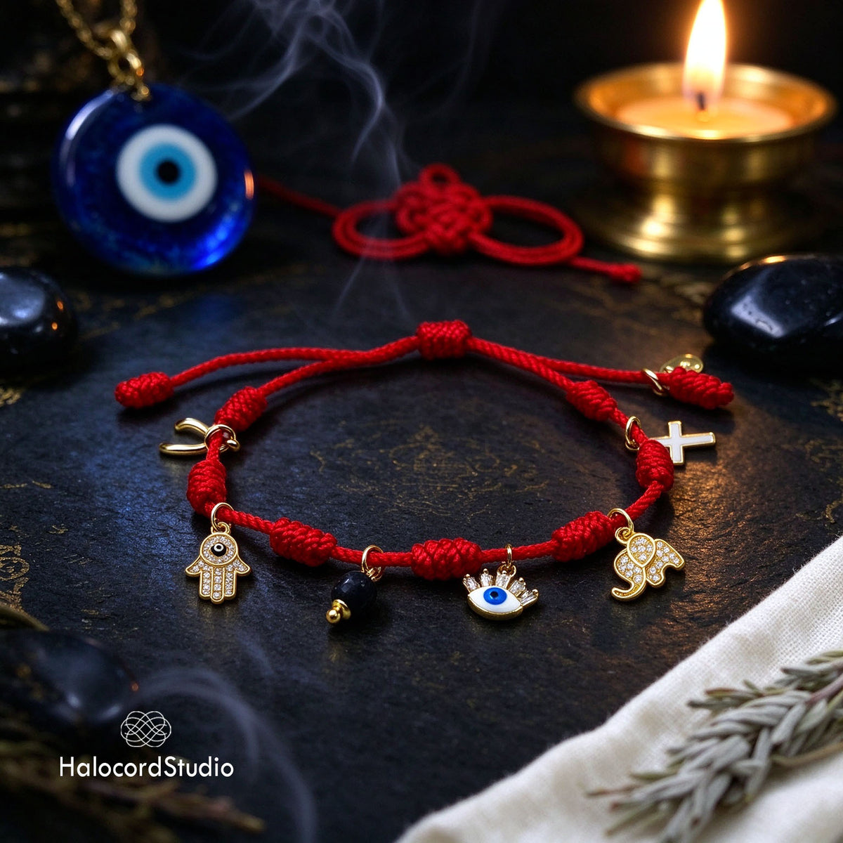 7 Knots Kabbalah Red String Protection Bracelet with 6 Lucky Amulets
