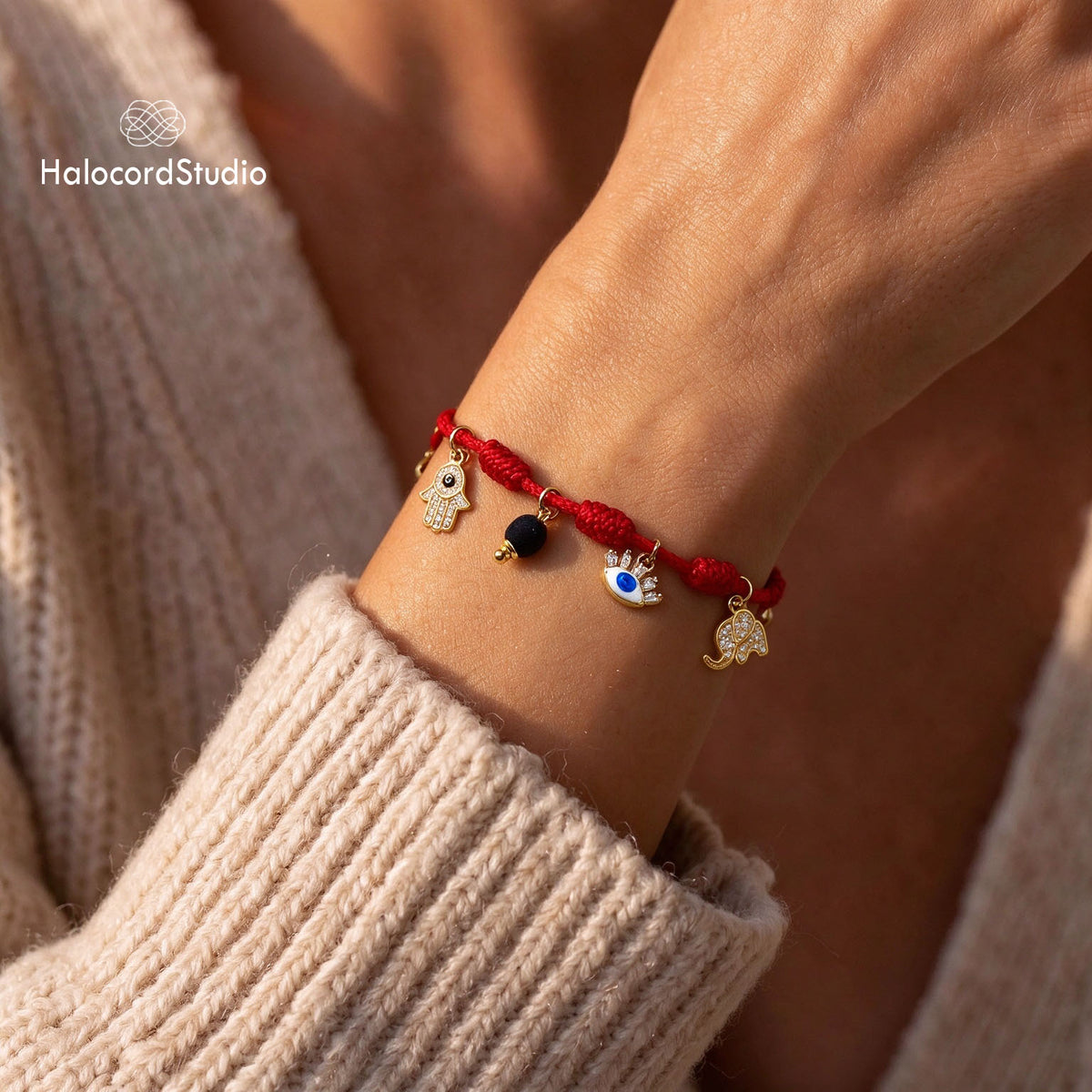 7 Knots Kabbalah Red String Protection Bracelet with 6 Lucky Amulets