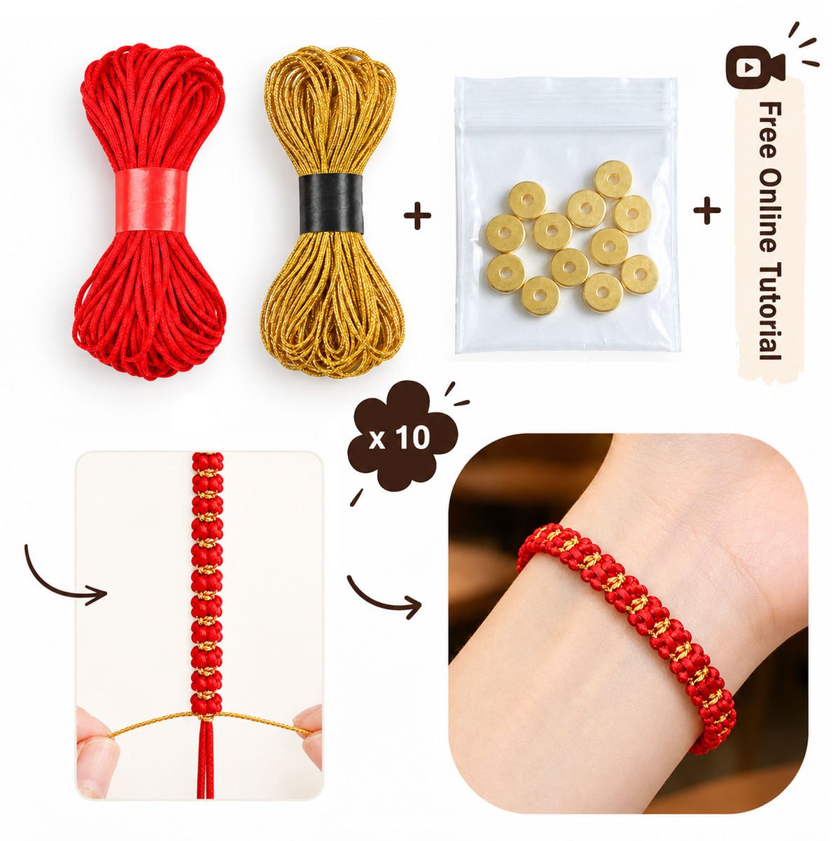 Bowknot Red String Bracelet DIY Kit components showing red cord, gold thread, 10 donut clasp beads, weaving process, and finished bracelet on wrist