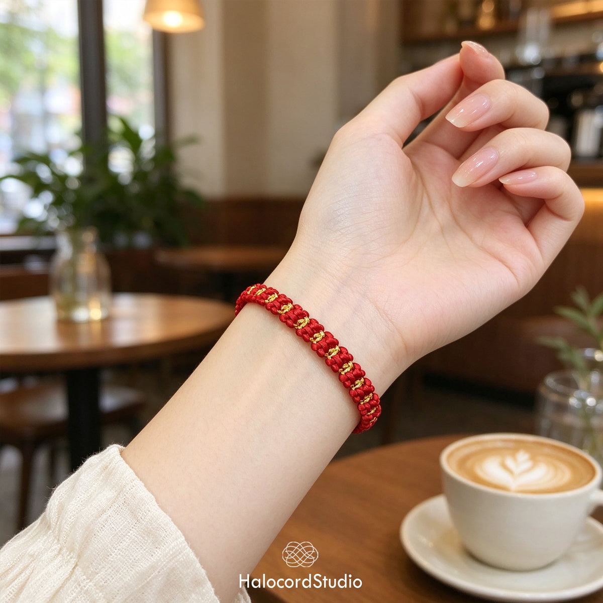 Model wearing the completed handwoven red and gold bowknot bracelet in a warm cafe setting by Halocord Studio