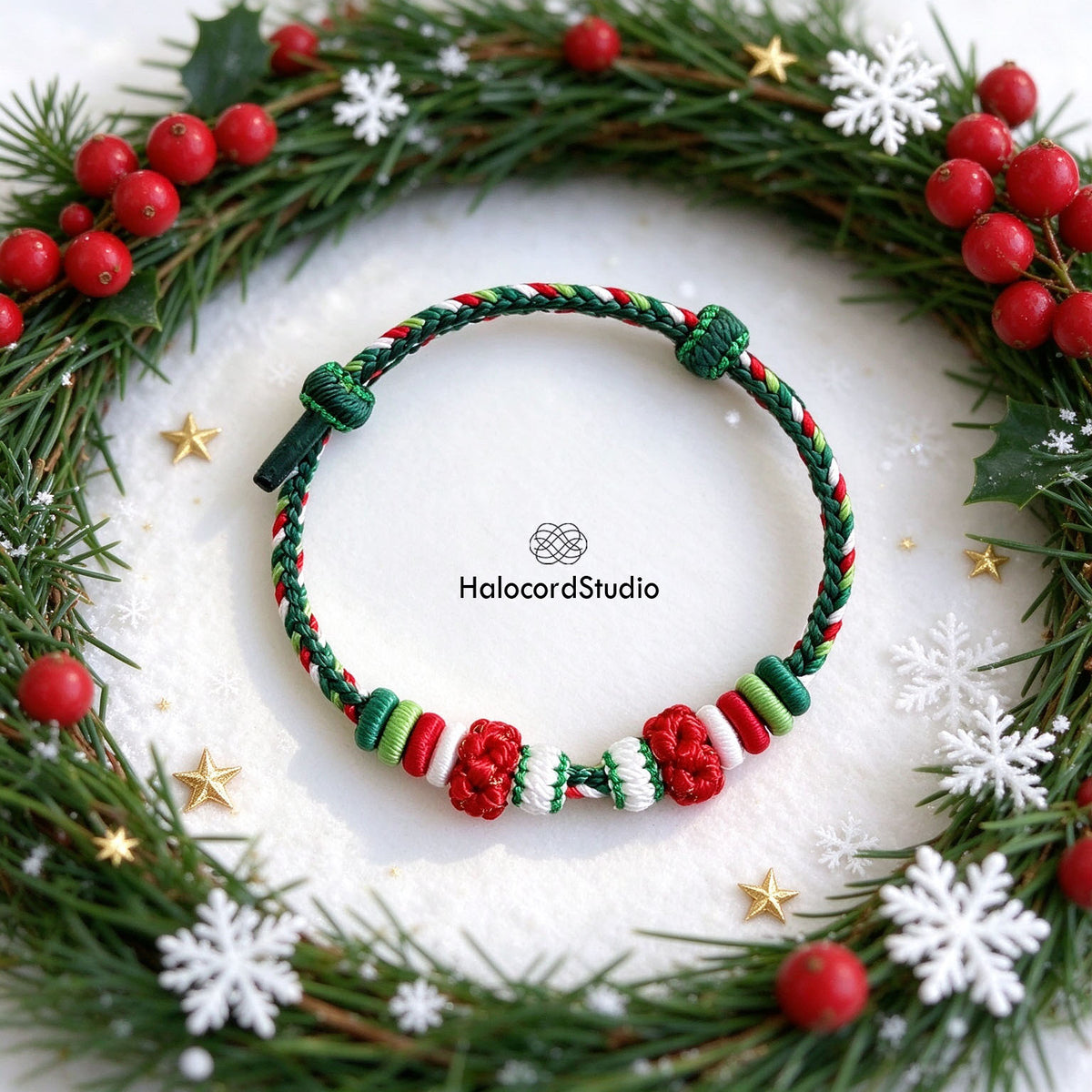 Holly Berry Knot variant of handwoven Christmas bracelet with festive red and green lucky knots
