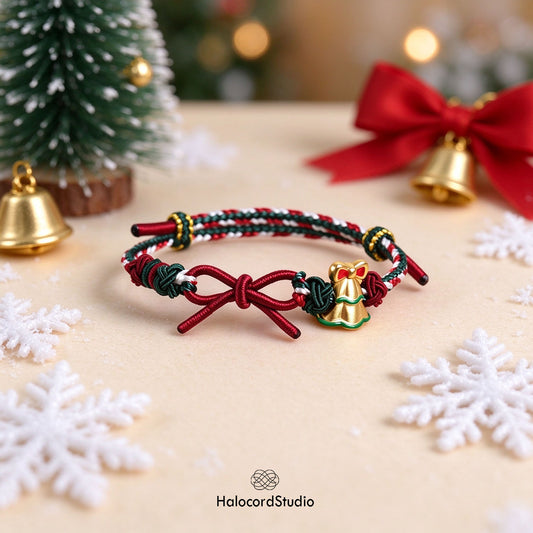 Holiday Bell and Bow handwoven Christmas charm bracelet with red ribbon bow and golden jingle bell on festive green red cord