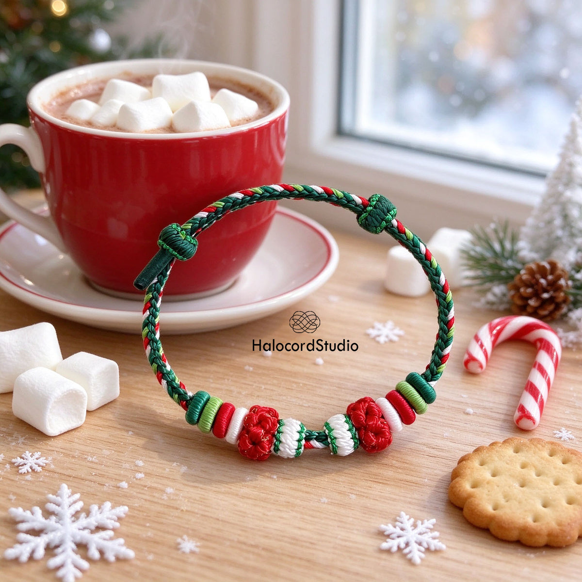 Holly Berry Knot handcrafted holiday cord bracelet with red woven berry beads and emerald green accents by hot chocolate mug