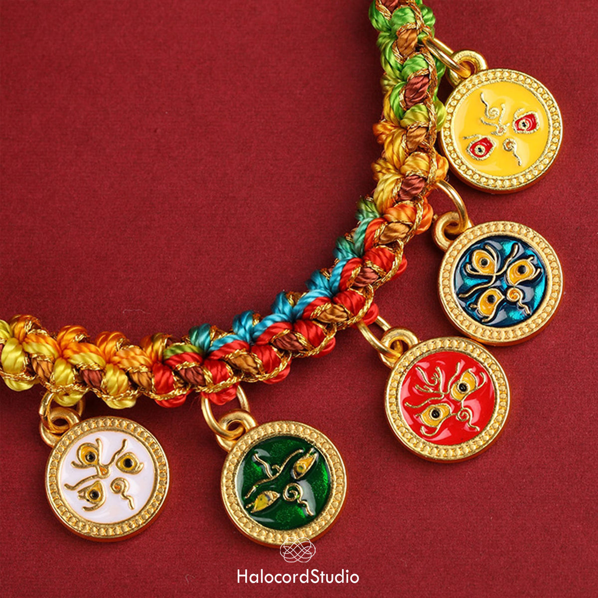 Tibetan Five Direction Wealth Gods Bracelet – Handwoven Cord with Five Jambhala Charms