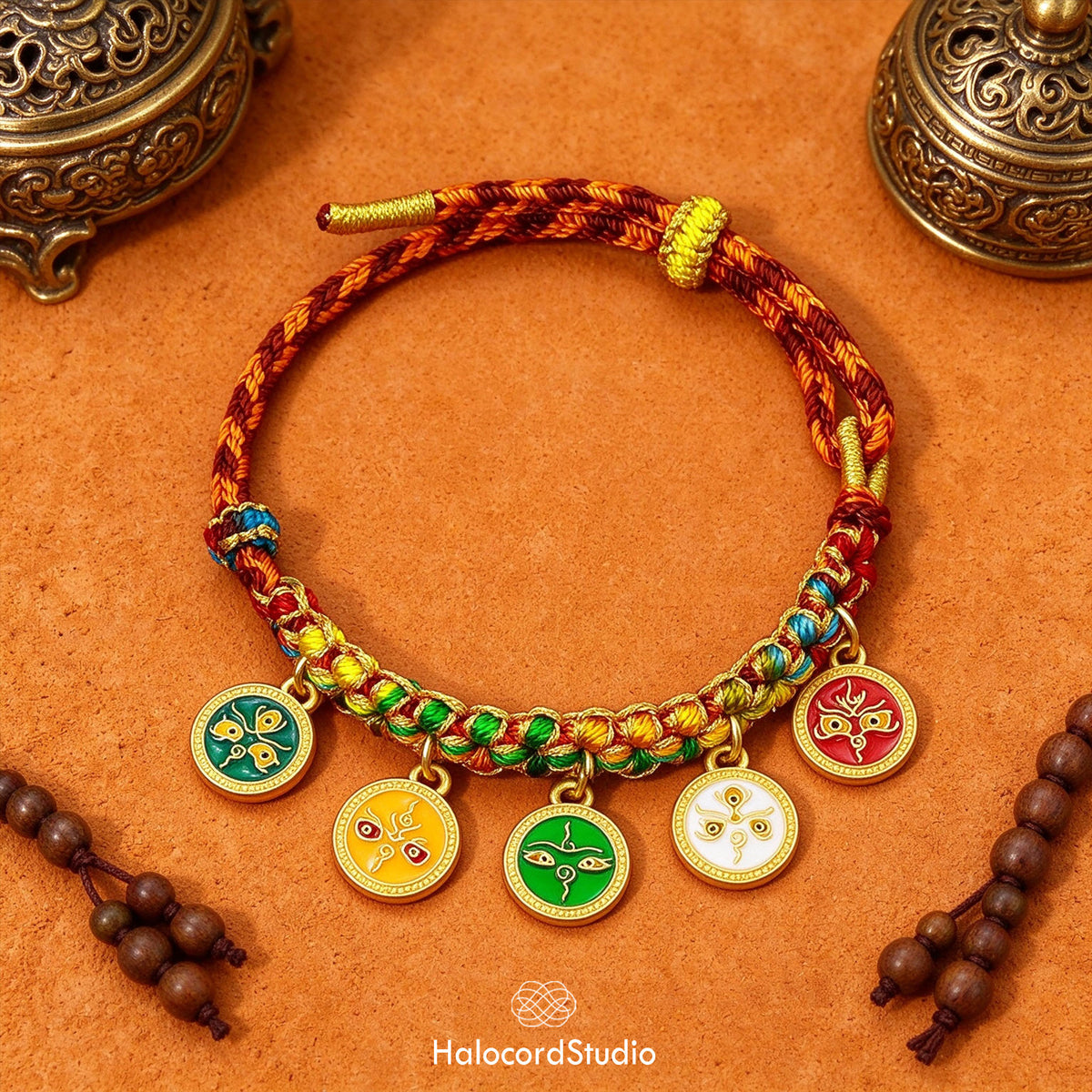 Tibetan Five Direction Wealth Gods Bracelet – Handwoven Cord with Five Jambhala Charms