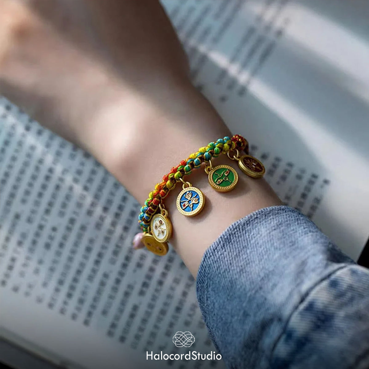 Tibetan Five Direction Wealth Gods Bracelet – Handwoven Cord with Five Jambhala Charms
