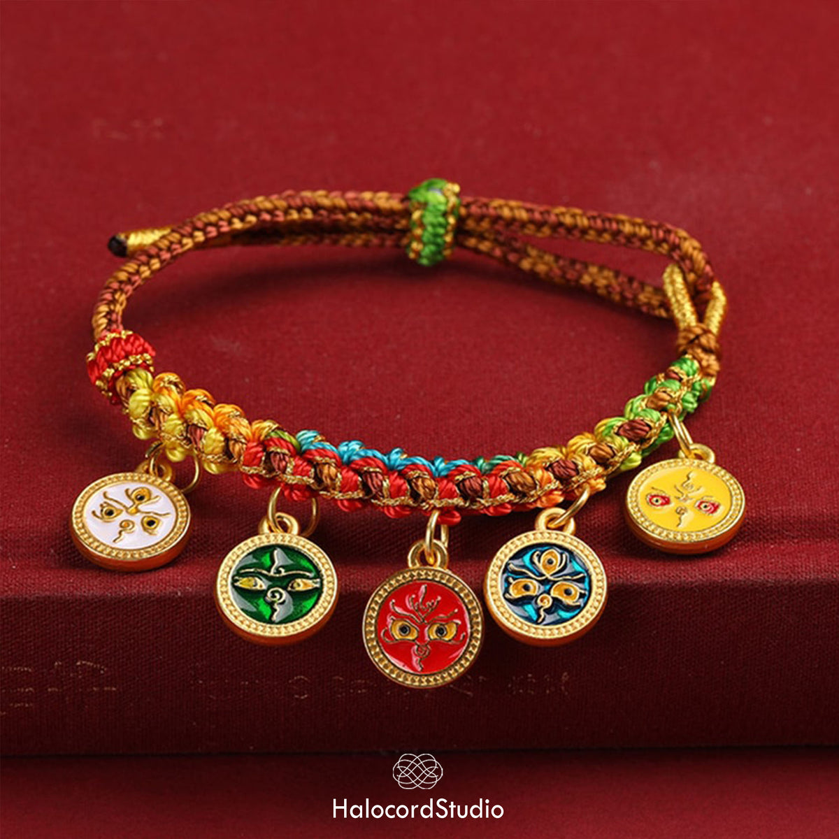 Tibetan Five Direction Wealth Gods Bracelet – Handwoven Cord with Five Jambhala Charms