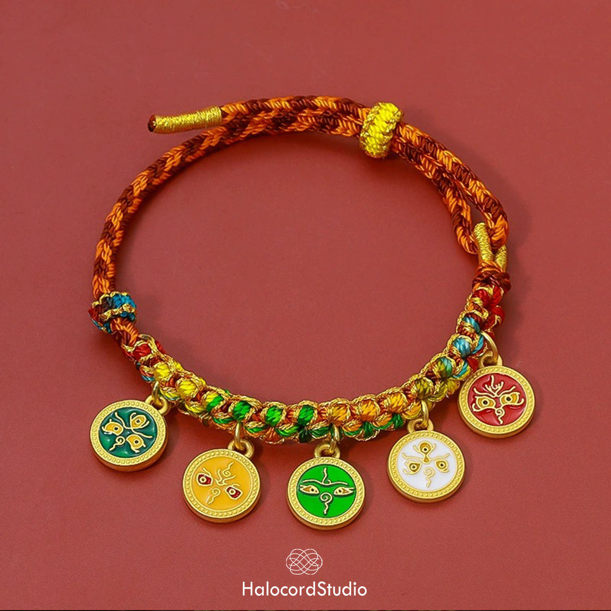 Tibetan Five Direction Wealth Gods Bracelet – Handwoven Cord with Five Jambhala Charms