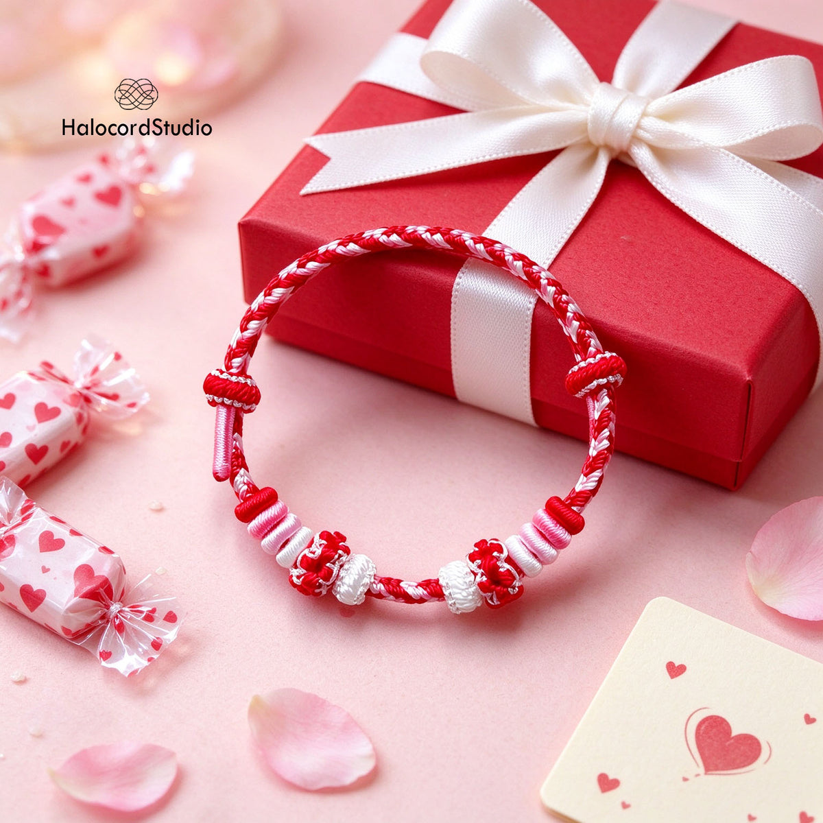 HalocordStudio Strawberry Crimson handwoven kawaii bracelet in red gift box with sweet holiday treats