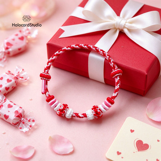 HalocordStudio Strawberry Crimson handwoven kawaii bracelet in red gift box with sweet holiday treats