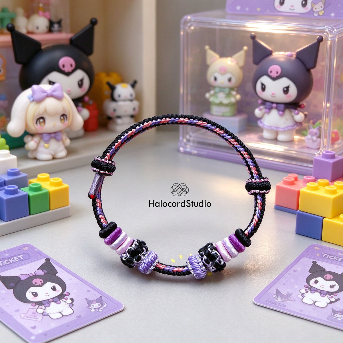 Midnight Lilac black and purple handwoven kawaii cord bracelet featuring cute anime aesthetic figurines and cards