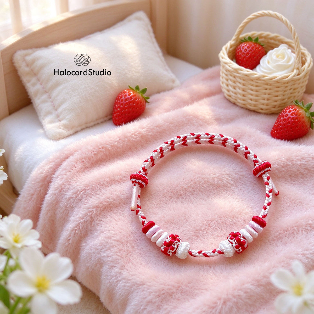 Handwoven Strawberry Milk cord bracelet on cozy pink plush blanket beside miniature strawberry picnic basket