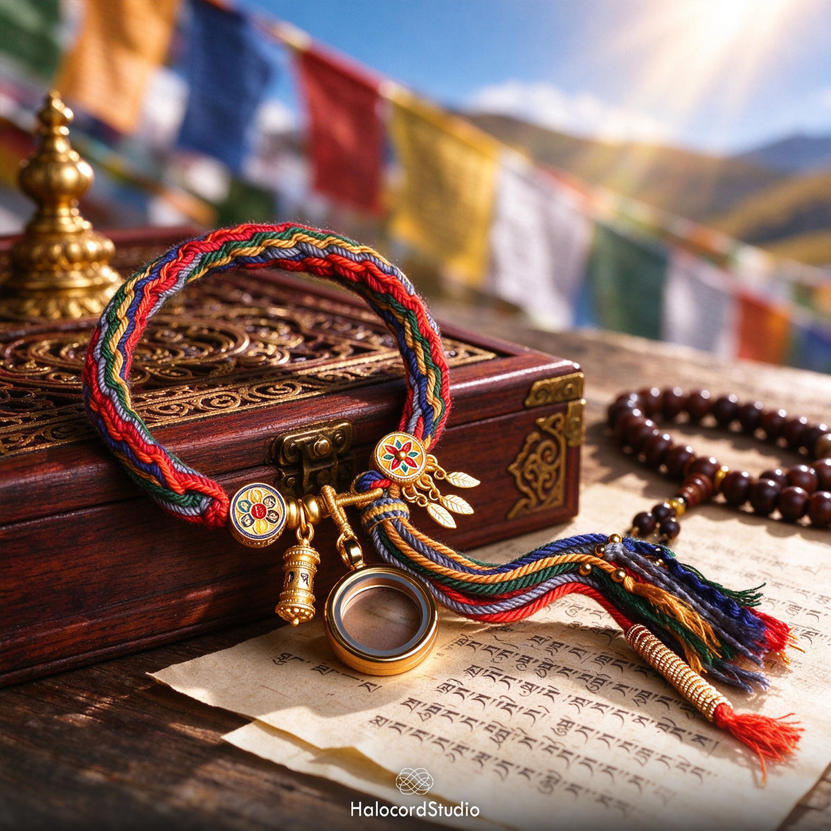 Tibetan spiritual prayer bracelet on carved wooden box beside sacred scripture and Buddhist meditation mala beads