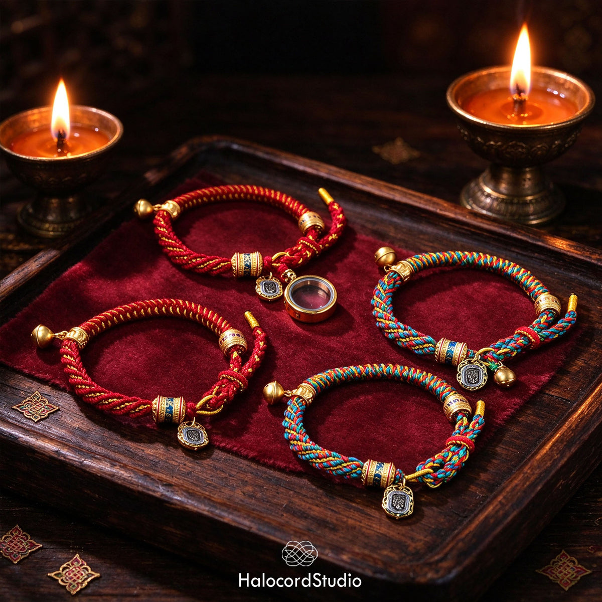 Four handwoven Tibetan lucky knot cord bracelets in red and multicolor blue with brass bells and charms, arranged on a dark wooden tray with butter lamps and a brass gau amulet box