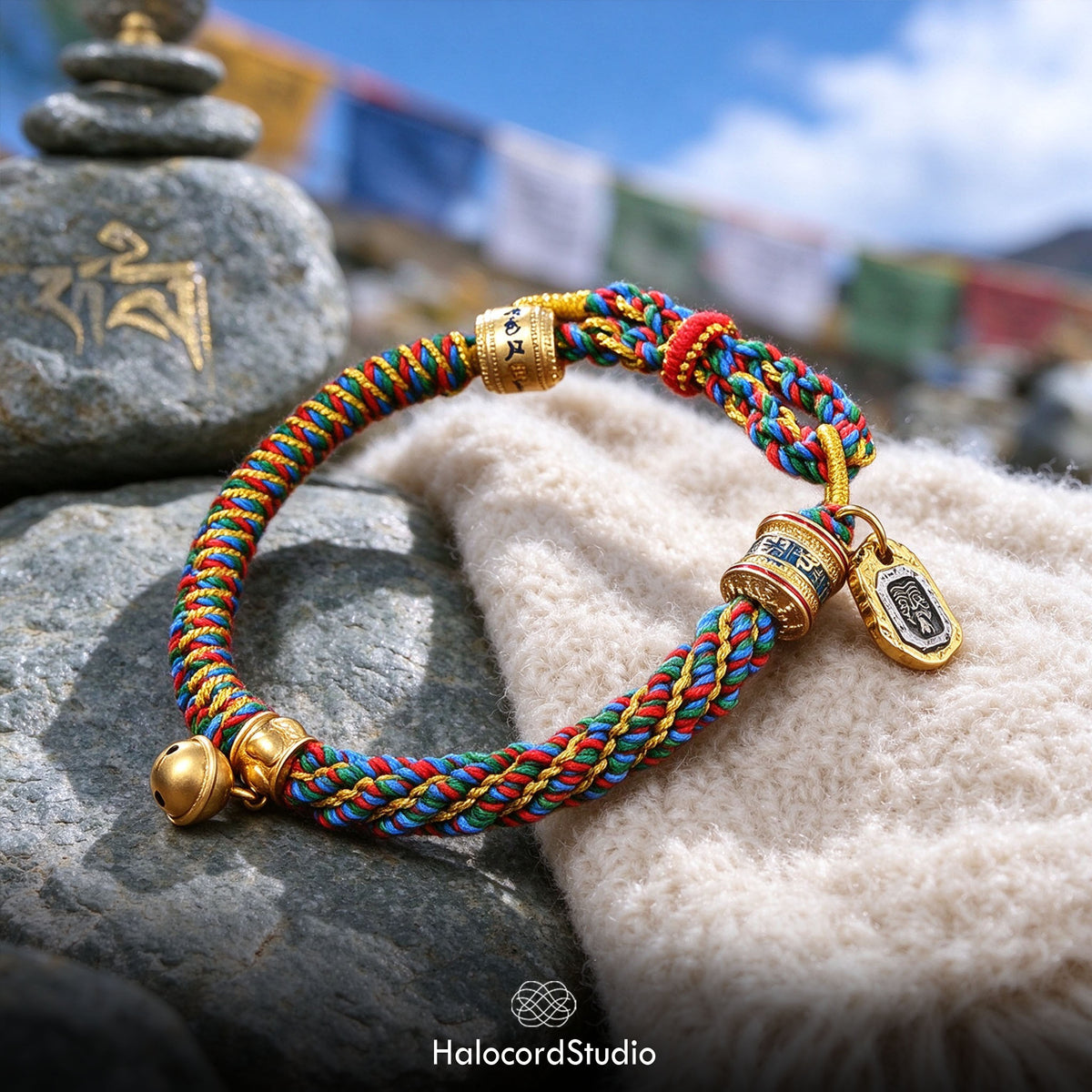 Multicolor handwoven Tibetan lucky knot bracelet resting on mani stones with Tibetan prayer flags and a gold mantra carving in the background