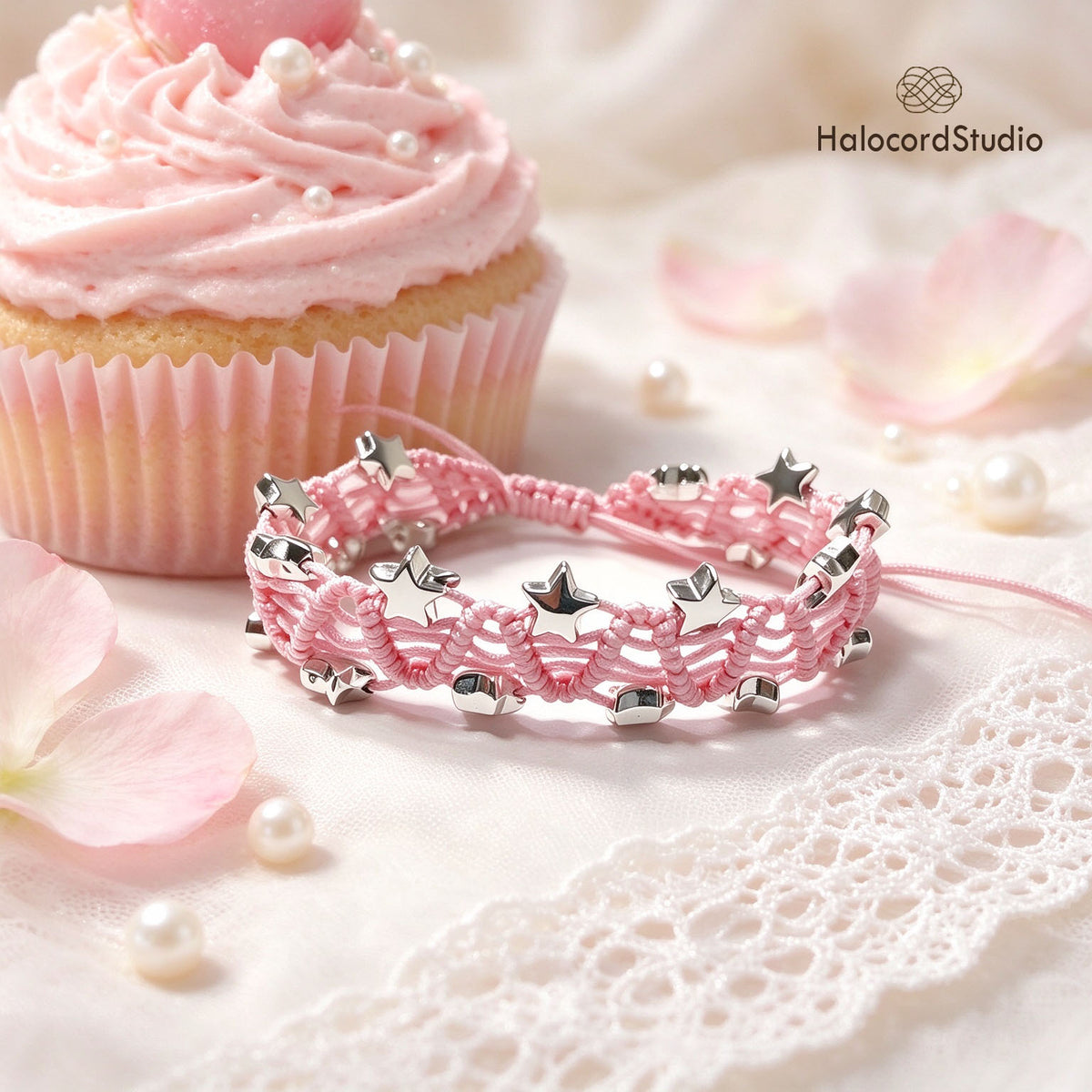Pink handmade star charm woven bracelet with delicate wave macrame lace pattern and silver star charms