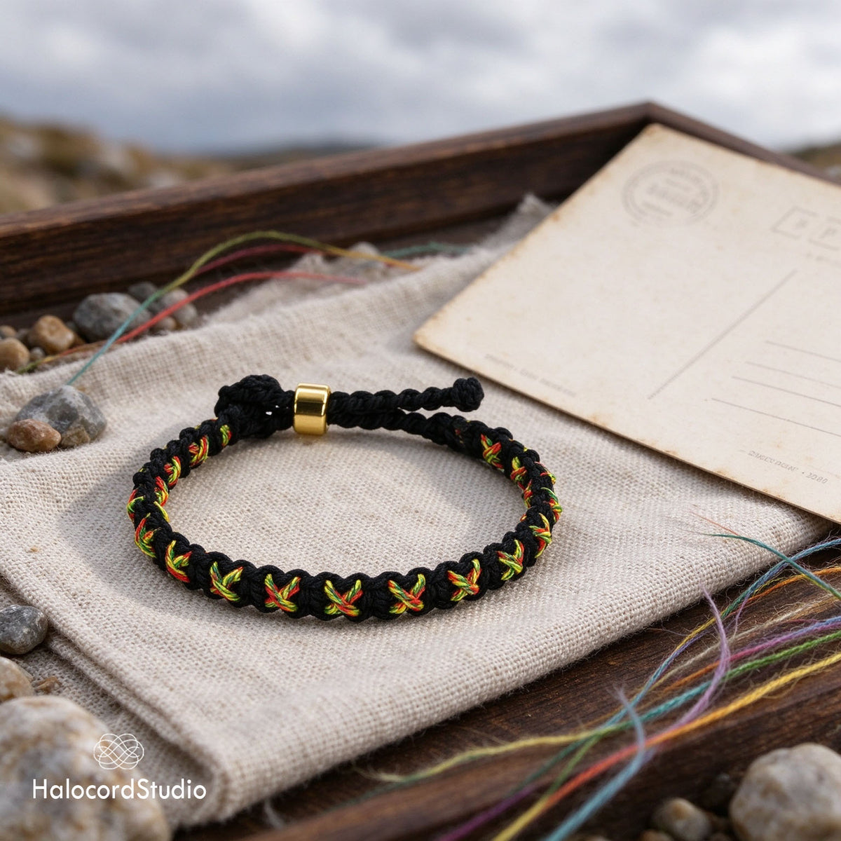 Handmade Woven Cross-Stitch Cord Bracelet – Adjustable Sliding Clasp