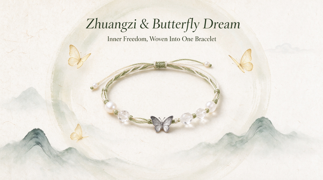 Zhuangzi & Butterfly Dream - Handcrafted freshwater pearl and clear quartz bracelet with silver butterfly charm amidst misty mountains and golden butterflies