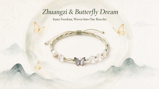 Zhuangzi & Butterfly Dream - Handcrafted freshwater pearl and clear quartz bracelet with silver butterfly charm amidst misty mountains and golden butterflies