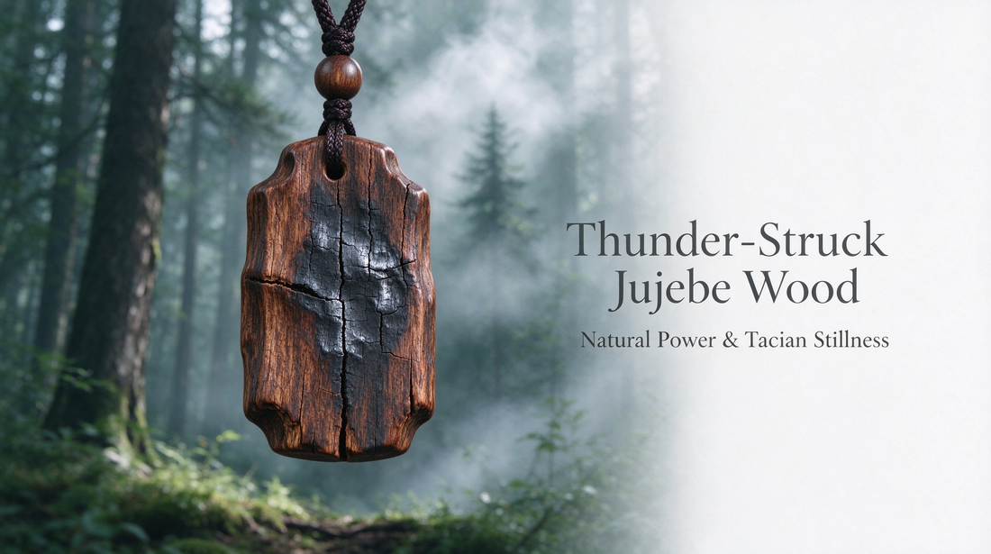 Hand-Carved Thunder-Struck Jujube Wood Pendant in Misty Pine Forest - Natural Power and Taoist Stillness