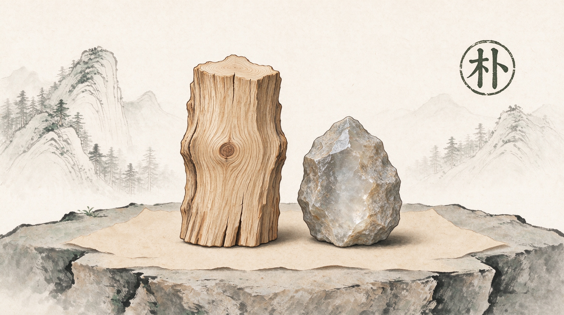 Pu The Uncarved Block - Laozi Taoist philosophy represented by raw wood and uncarved stone