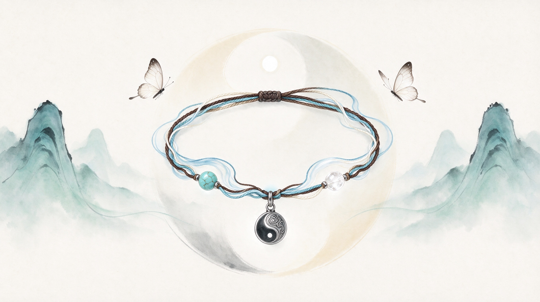 Yin Yang Balance Bracelet with turquoise, clear quartz, and antique silver pendant floating amidst misty mountains and butterflies