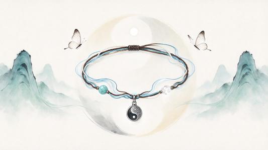 Yin Yang Balance Bracelet with turquoise, clear quartz, and antique silver pendant floating amidst misty mountains and butterflies