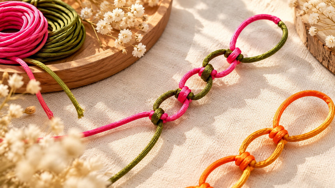 Handmade double loop knot chain tutorial using macrame cord for DIY bracelet making