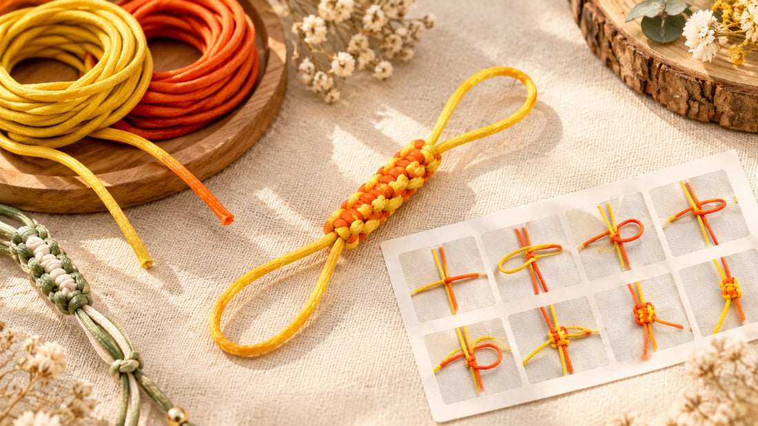 Handmade yellow and orange macramé square knot cord strap with DIY craft materials
