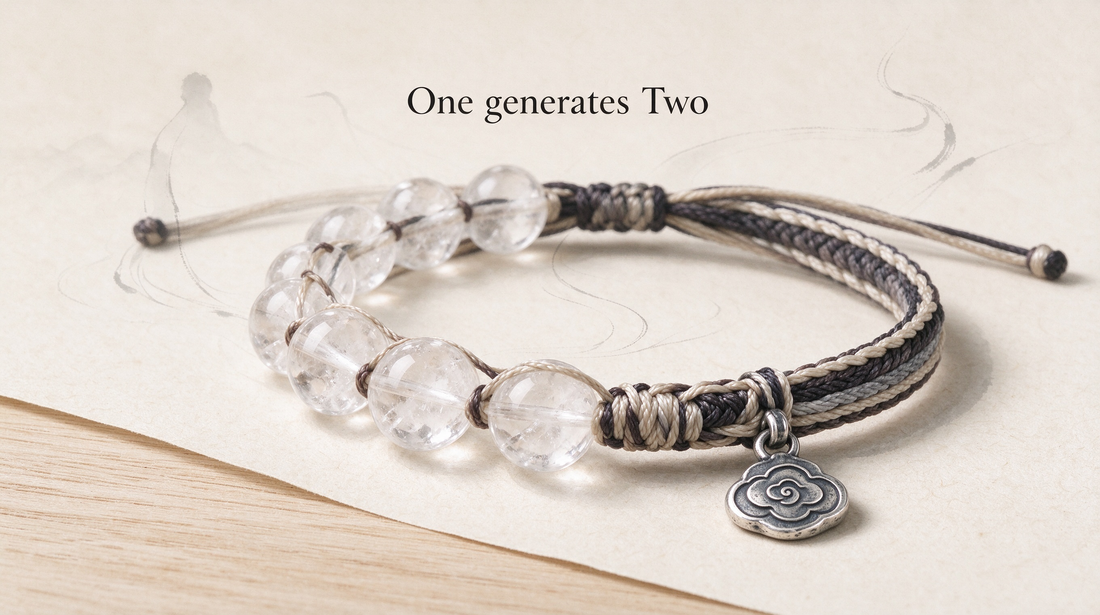 Tao Origin clear quartz braided bracelet with antique silver cloud pendant - One generates Two
