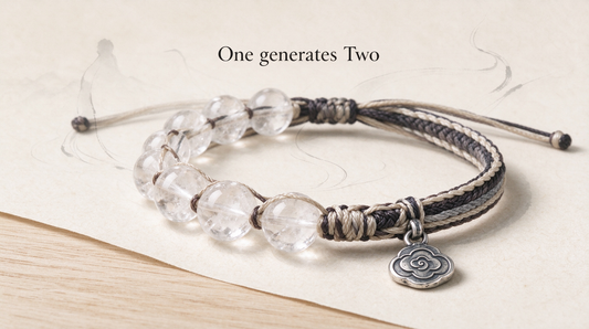 Tao Origin clear quartz braided bracelet with antique silver cloud pendant - One generates Two