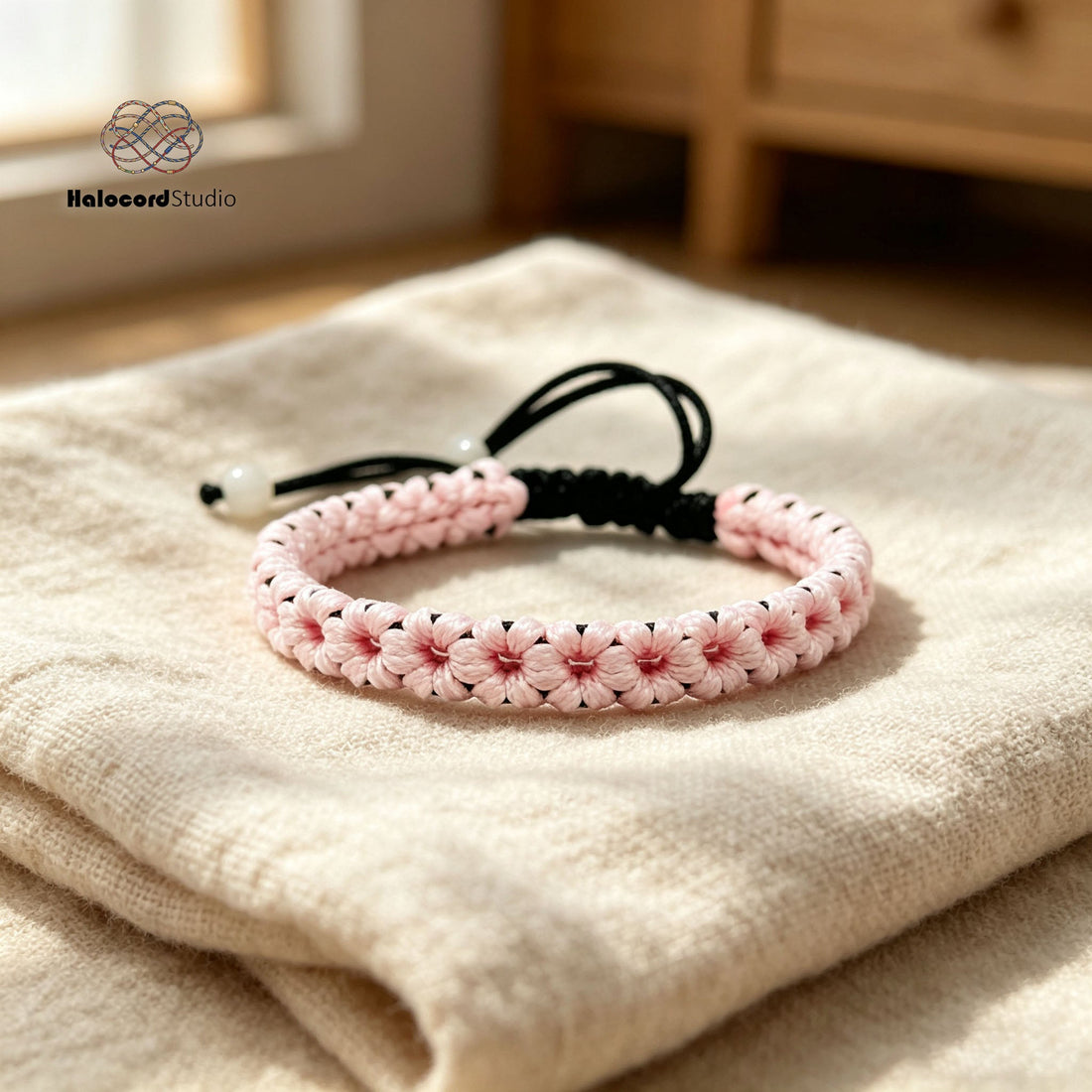 Authentic studio macro photography of handcrafted pink cherry blossom cord bracelet