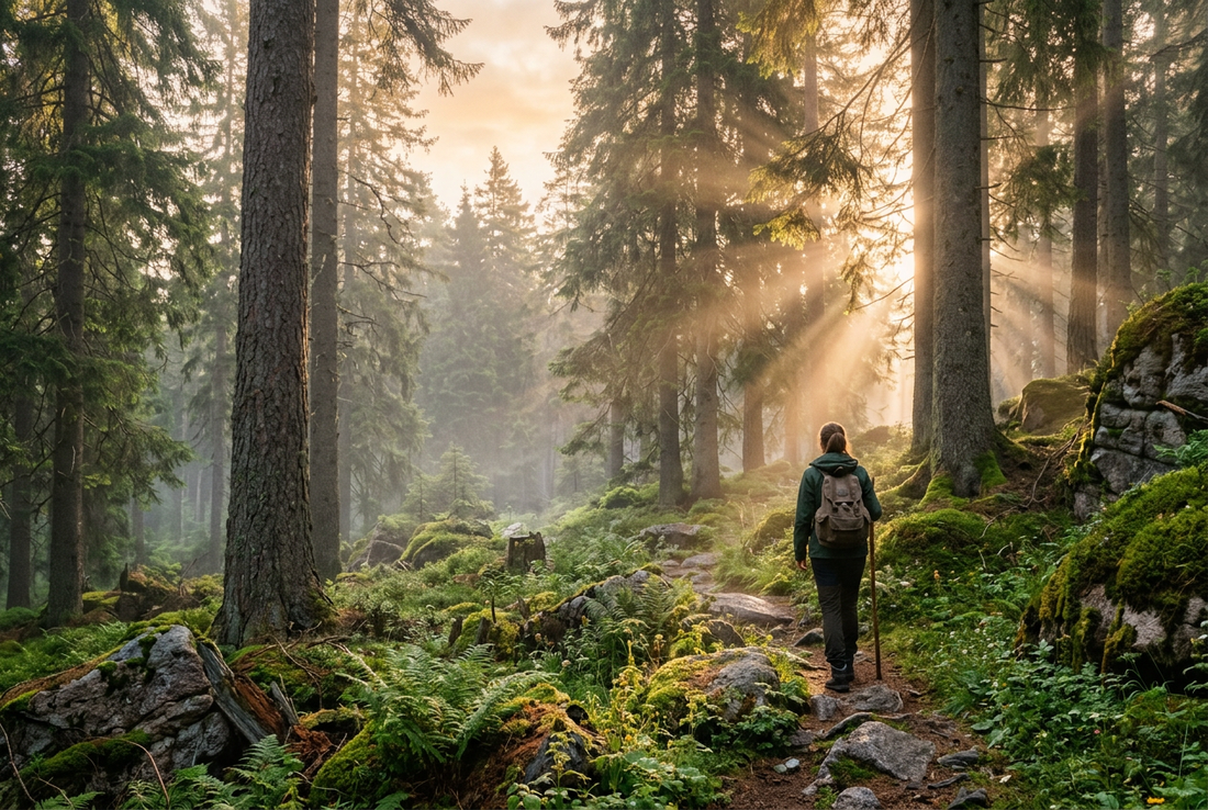 A serene and grounded ancient pine forest with morning sunlight filtering through towering trees, evoking rugged natural resilience, outdoor adventure, and enduring craftsmanship