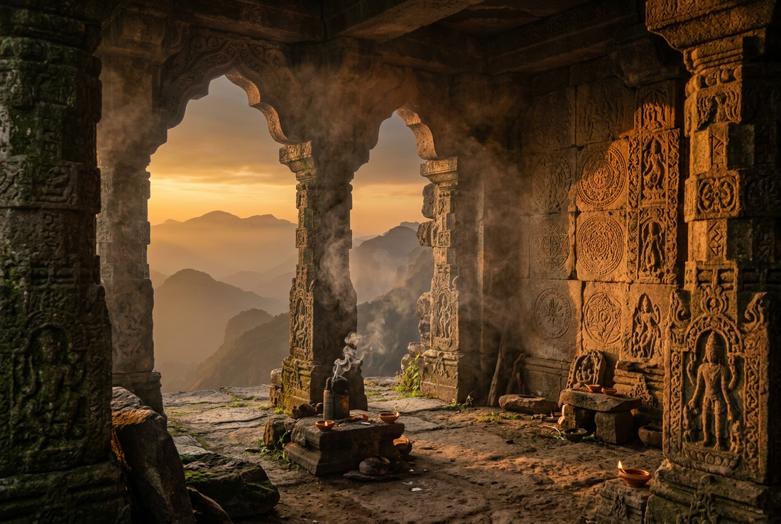 Ancient Sacred Temple Sanctuary at Golden Sunset with Carved Protective Talismans