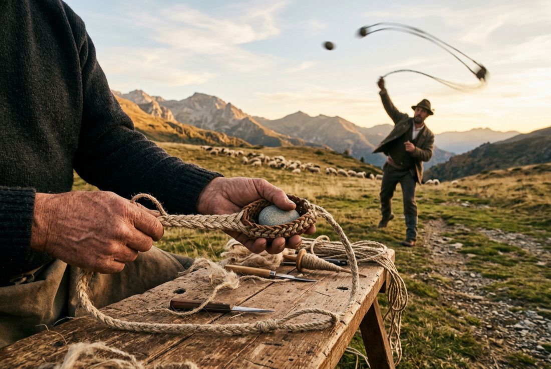 Authentic handcrafted shepherd's sling with woven split stone cradle in foreground and overhead rotational slinging release in background