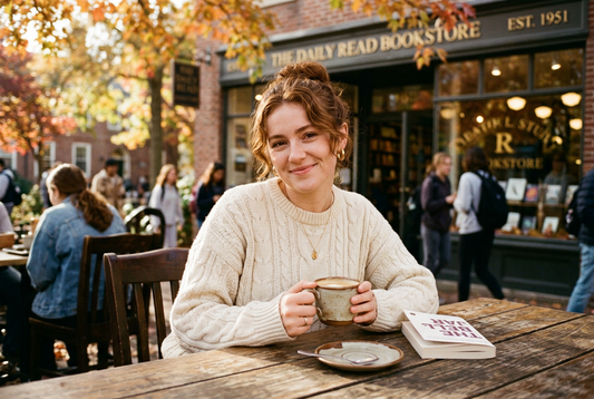 Aesthetic autumn morning coffee with cozy vintage knitwear and warm natural sunlight