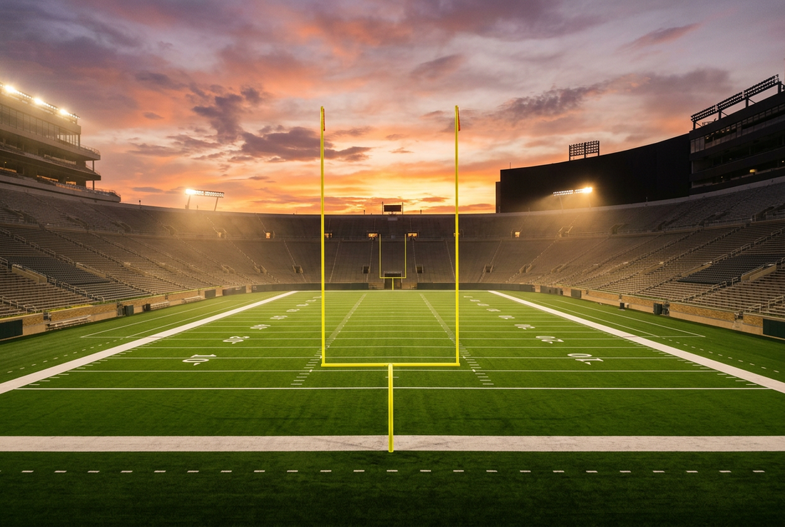 American football stadium field at golden hour dusk with yard lines and glowing goalposts under lights