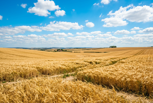 A sunlit expanse of golden wheat fields beneath an endless, luminous azure blue sky at midday, symbolizing expansive peace, hope, and vibrant natural harmony