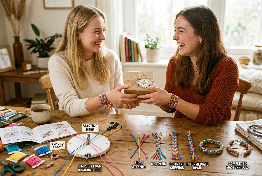 Beginner cord braiding journey from first attempt to finished bracelets, skill progression, and gifting handmade jewelry to friends