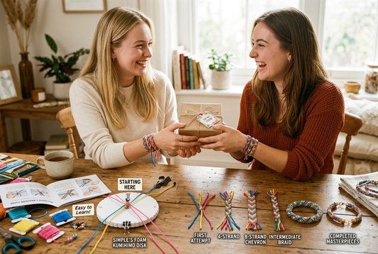 Beginner cord braiding journey from first attempt to finished bracelets, skill progression, and gifting handmade jewelry to friends