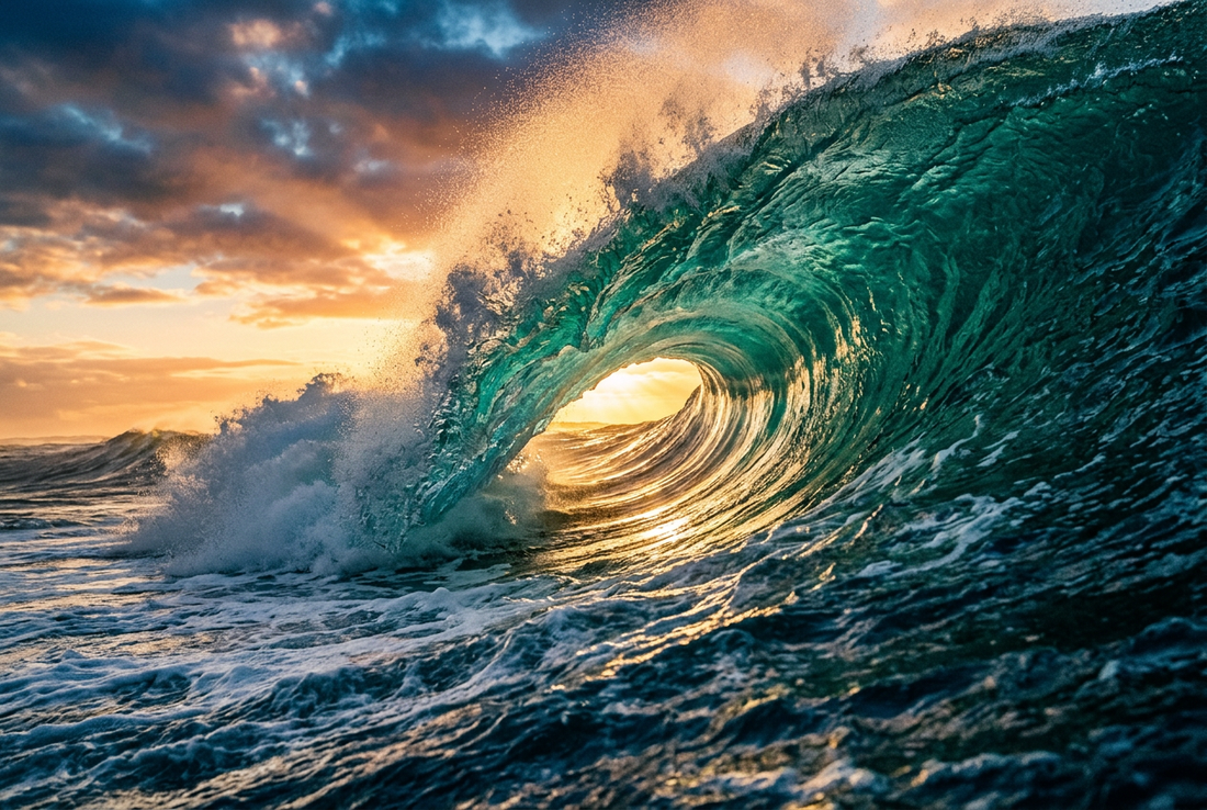 Colossal turquoise ocean barrel wave breaking powerfully at sunrise dawn patrol with golden sunbeams and ocean spray