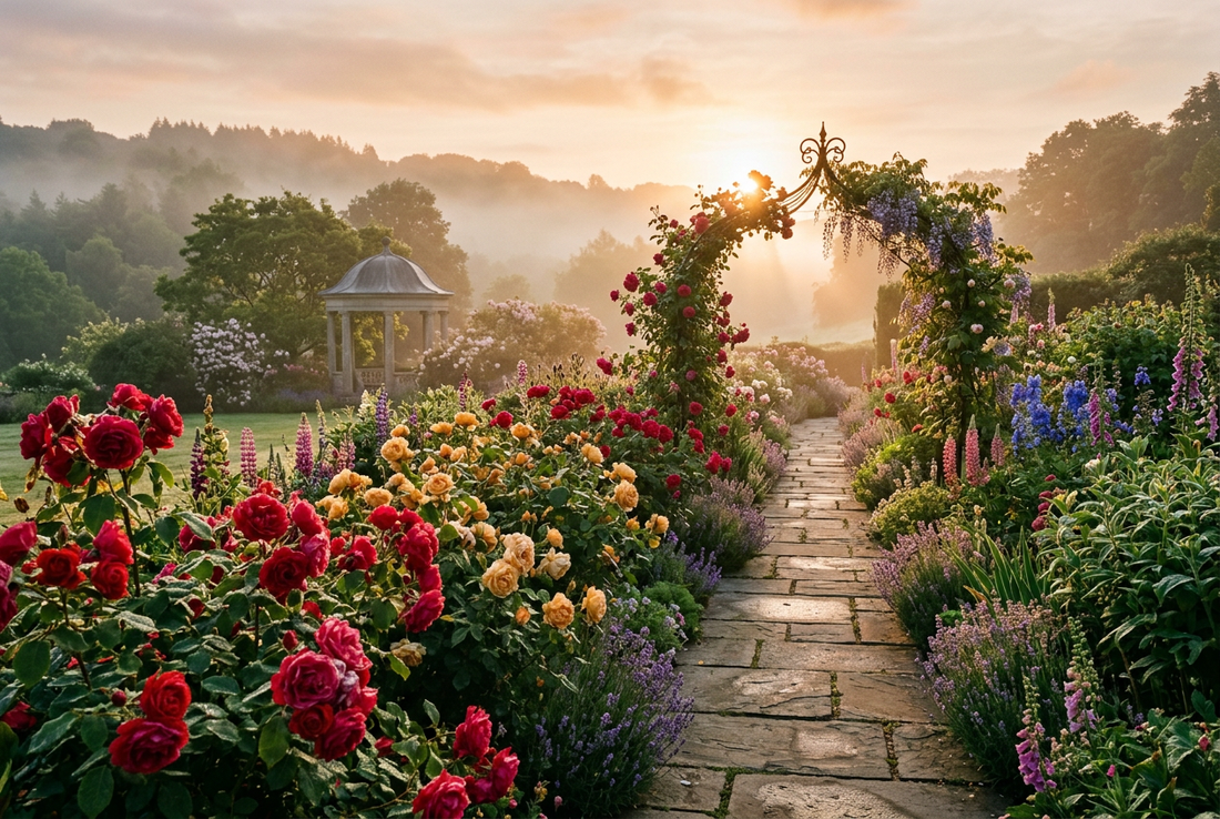 A serene and lavish sunrise in a blooming botanical garden with crimson and golden roses glowing in morning light, evoking radiant floral elegance and natural harmony