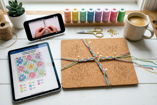 Modern creative artisan desk flat-lay with tablet showing bracelet pattern grid, spools of cord, and knotting board