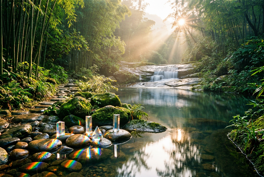 Serene Prism Sanctuary with Luminous Seven Chakra Rainbow Light Spectrums across River Stones