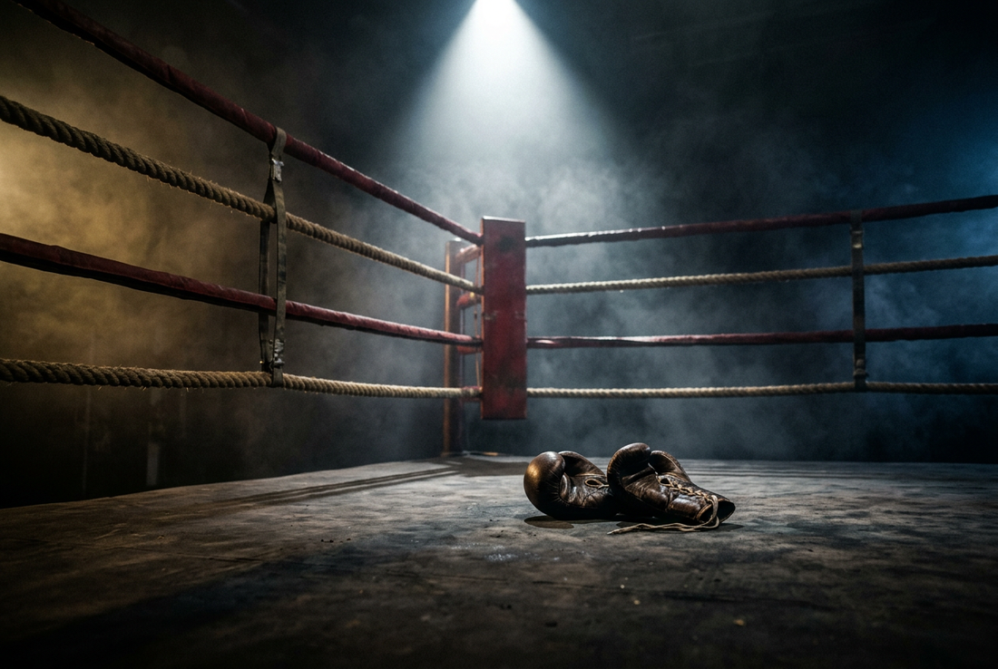 Championship boxing ring under dramatic single overhead spotlight with vintage leather boxing gloves