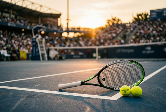 A championship tennis court at golden hour sunset with yellow tennis balls and racket resting near the white chalk baseline