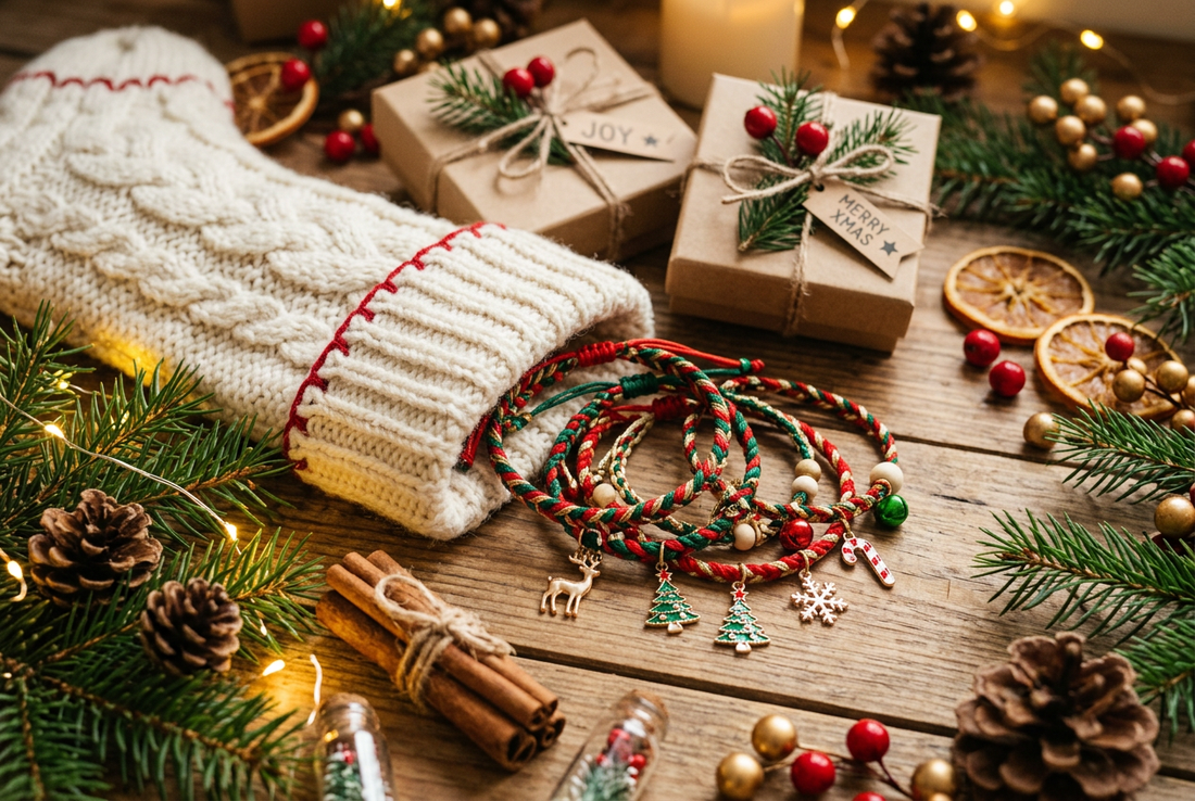 Festive handwoven Christmas cord bracelets overflowing from a knitted holiday stocking with gift boxes and pinecones