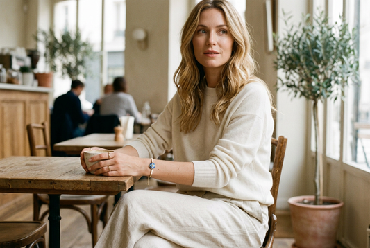Modern Parisian Cafe Lifestyle with Stylish Woman Wearing Delicate Handcrafted Cloisonne Enamel Cord Bracelet on Slender Wrist
