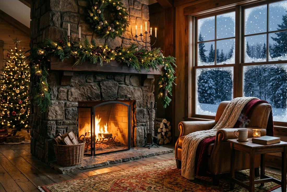 Cozy Holiday Winter Fireplace with Pine Garlands and Warm Ambient Light