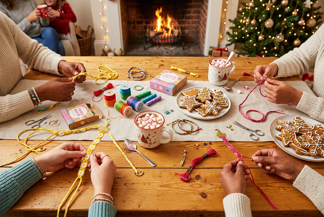 Warm and cozy winter holiday bracelet-making craft party flat-lay with hands knotting colorful friendship bracelets, steaming mugs of hot chocolate, and holiday cookies